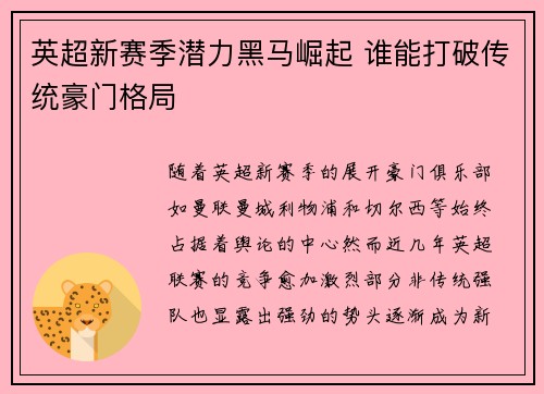 英超新赛季潜力黑马崛起 谁能打破传统豪门格局